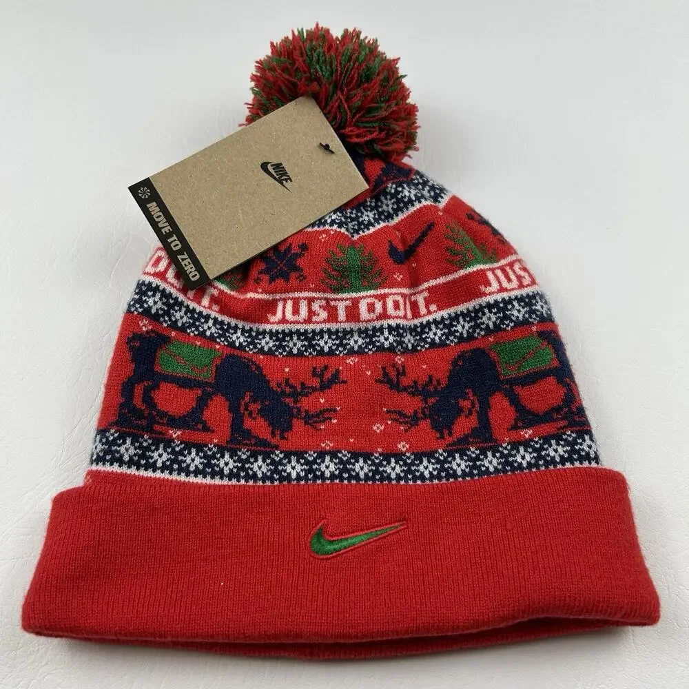 Nike Christmas Pom Beanie Hat Red Reindeer Just Do It Cuffed One Size NWT